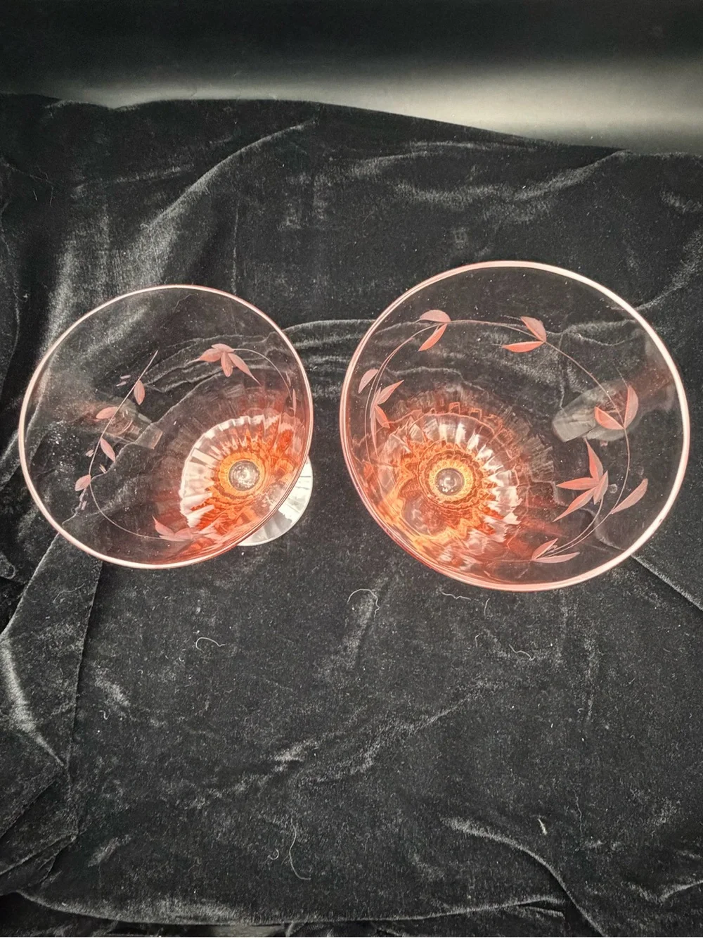 Pink Etched Depression Glass Footed Tumblers - Set of 2